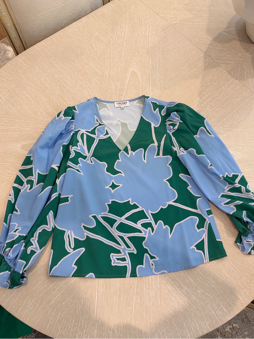 Crosby By Mollie Burch Xxs Nwot Green And Light Blue Floral V-Neck Blouse